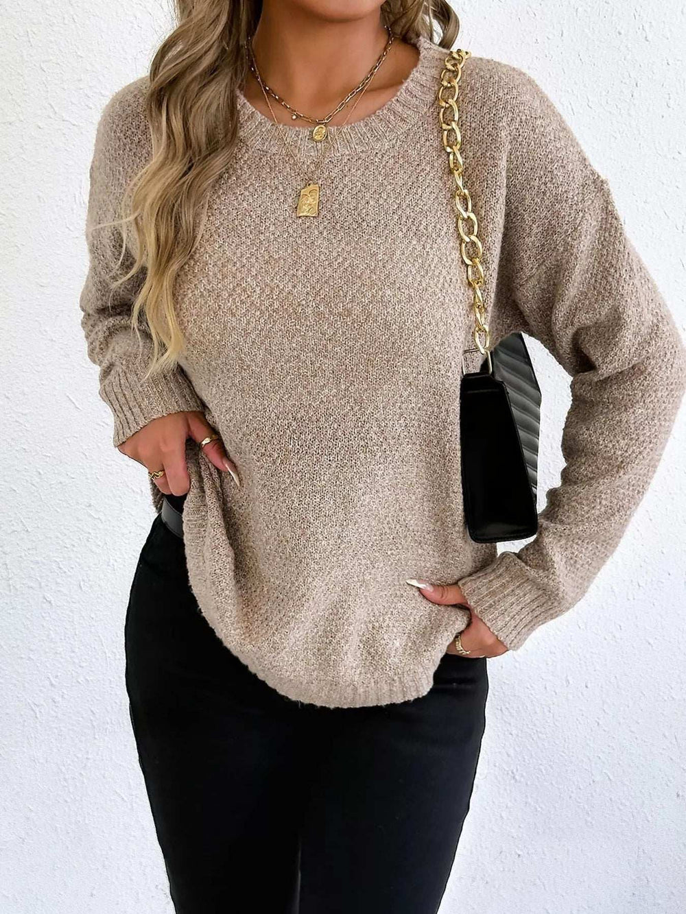 Textured Knit Relaxed Fit Round Neck Sweater - Trendsi - Flyclothing LLC