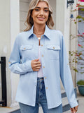 Solid Color Collared Neck Long Sleeve Shirt - Trendsi - Flyclothing LLC