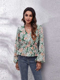 Ruched Printed V-Neck Long Sleeve Blouse - Trendsi - Flyclothing LLC