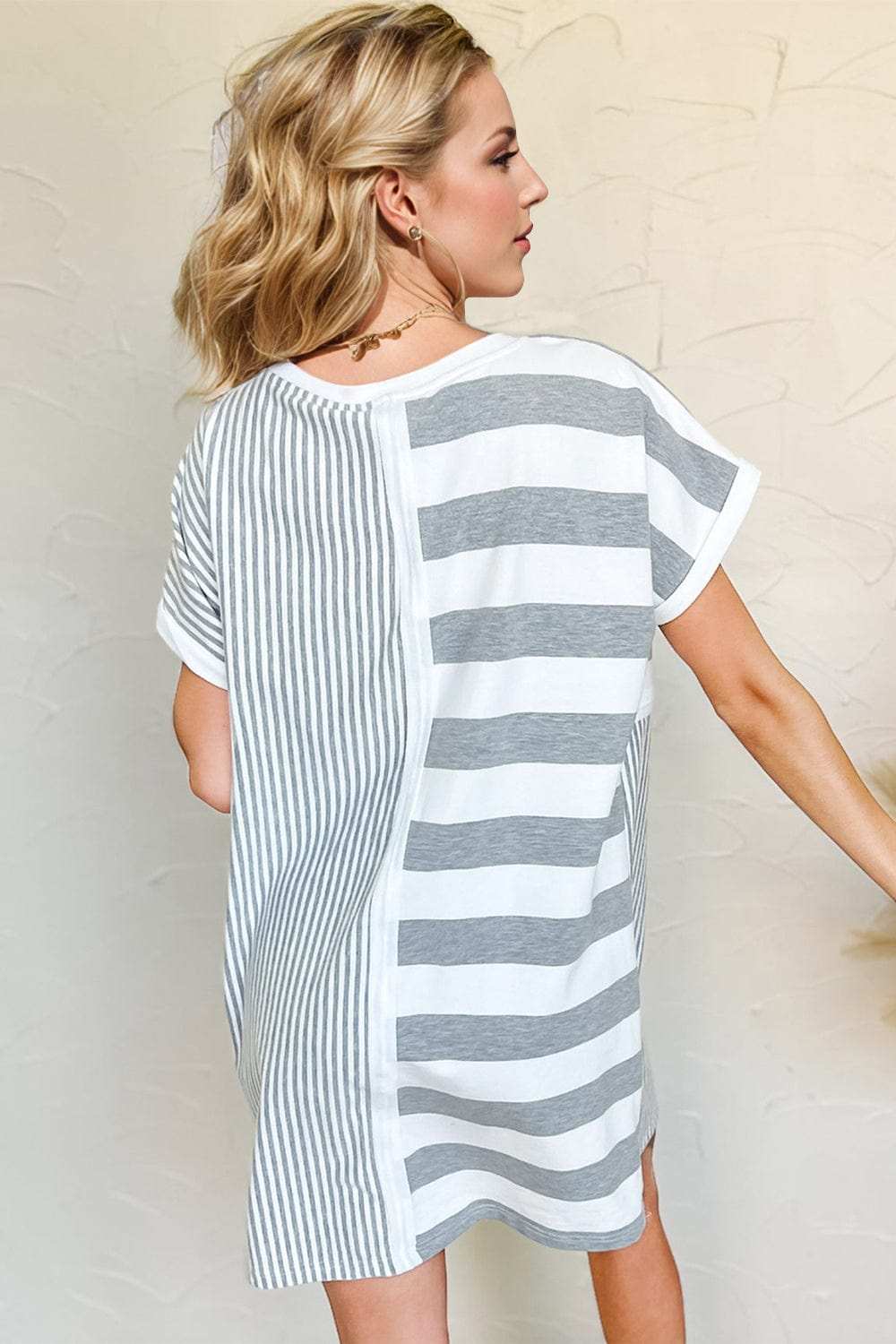 Oh Full Size Striped Round Neck Short Sleeve Mini Tee Dress - Trendsi - Flyclothing LLC