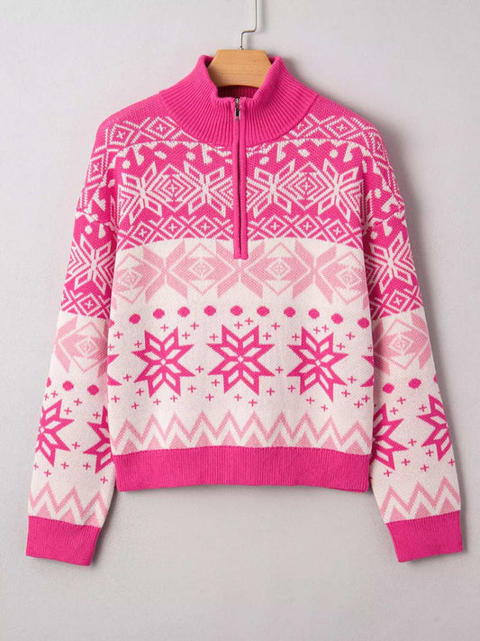 Christmas Snowflake Quarter Zip Collard Sweater - Trendsi - Flyclothing LLC