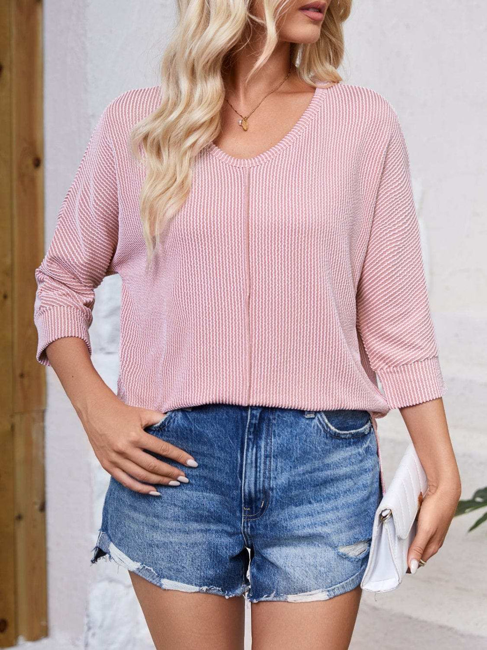 Textured Round Neck Three-Quarter Sleeve Blouse - Trendsi - Flyclothing LLC