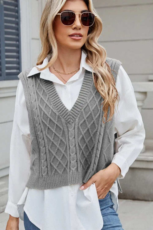 Cable-Knit V-Neck Sweater Vest - Trendsi - Flyclothing LLC