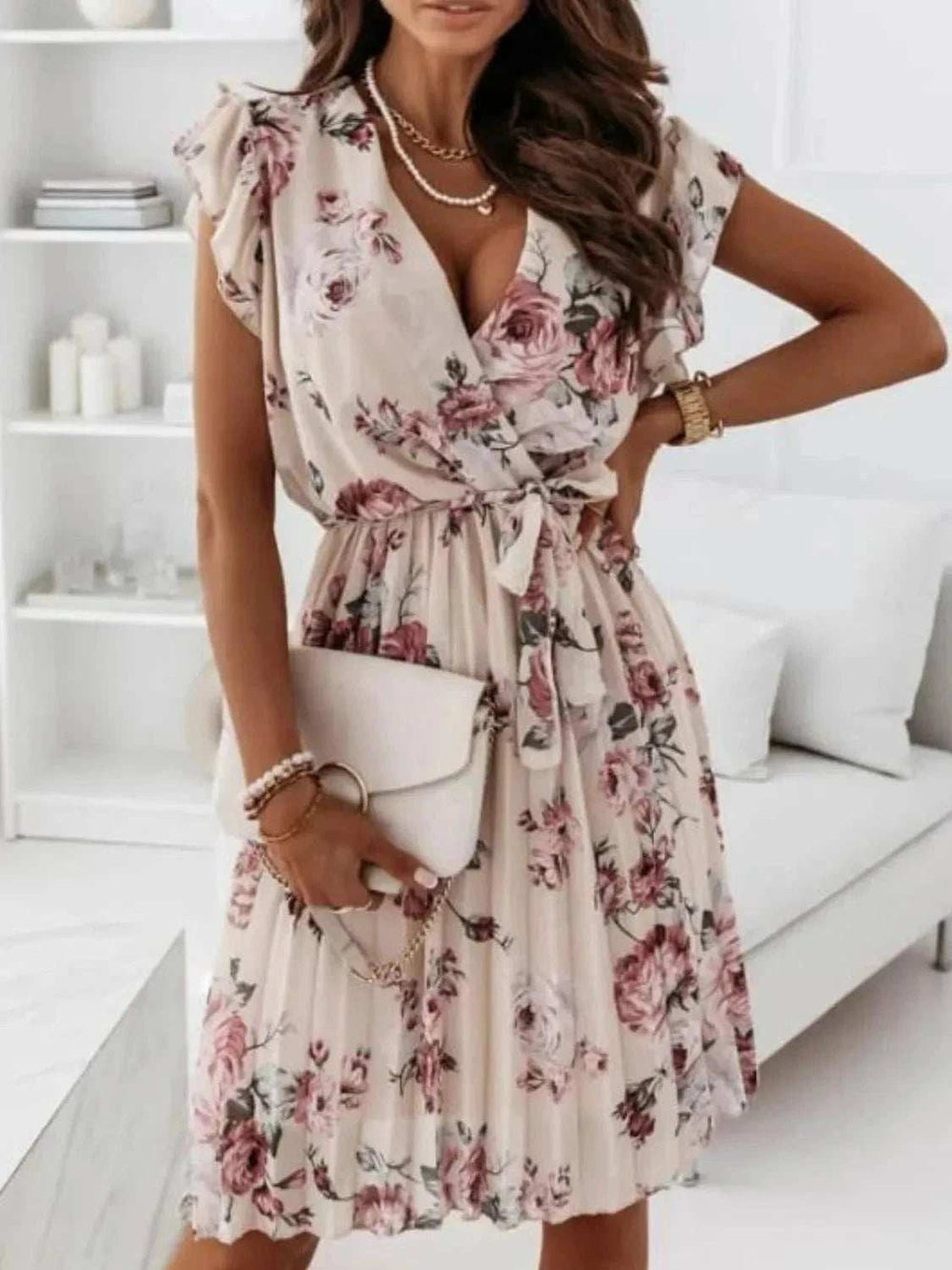 Floral Surplice Ruffled Cap Sleeve Dress - Trendsi - Flyclothing LLC
