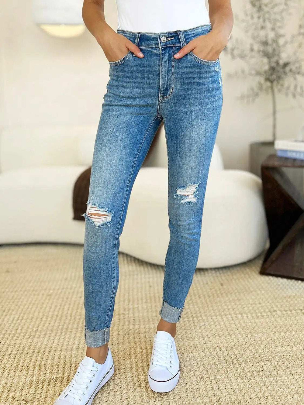 Judy Blue Full Size Mid Rise Destroy & Cuff Skinny Jeans - Trendsi - Flyclothing LLC