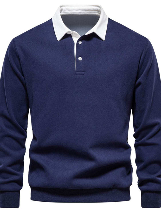 Men's Quarter Button Collared Neck Long Sleeve Polo - Trendsi - Flyclothing LLC