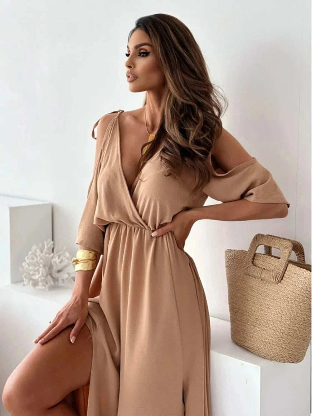 Tied Shoulder Slit Maxi Dress - Trendsi - Flyclothing LLC