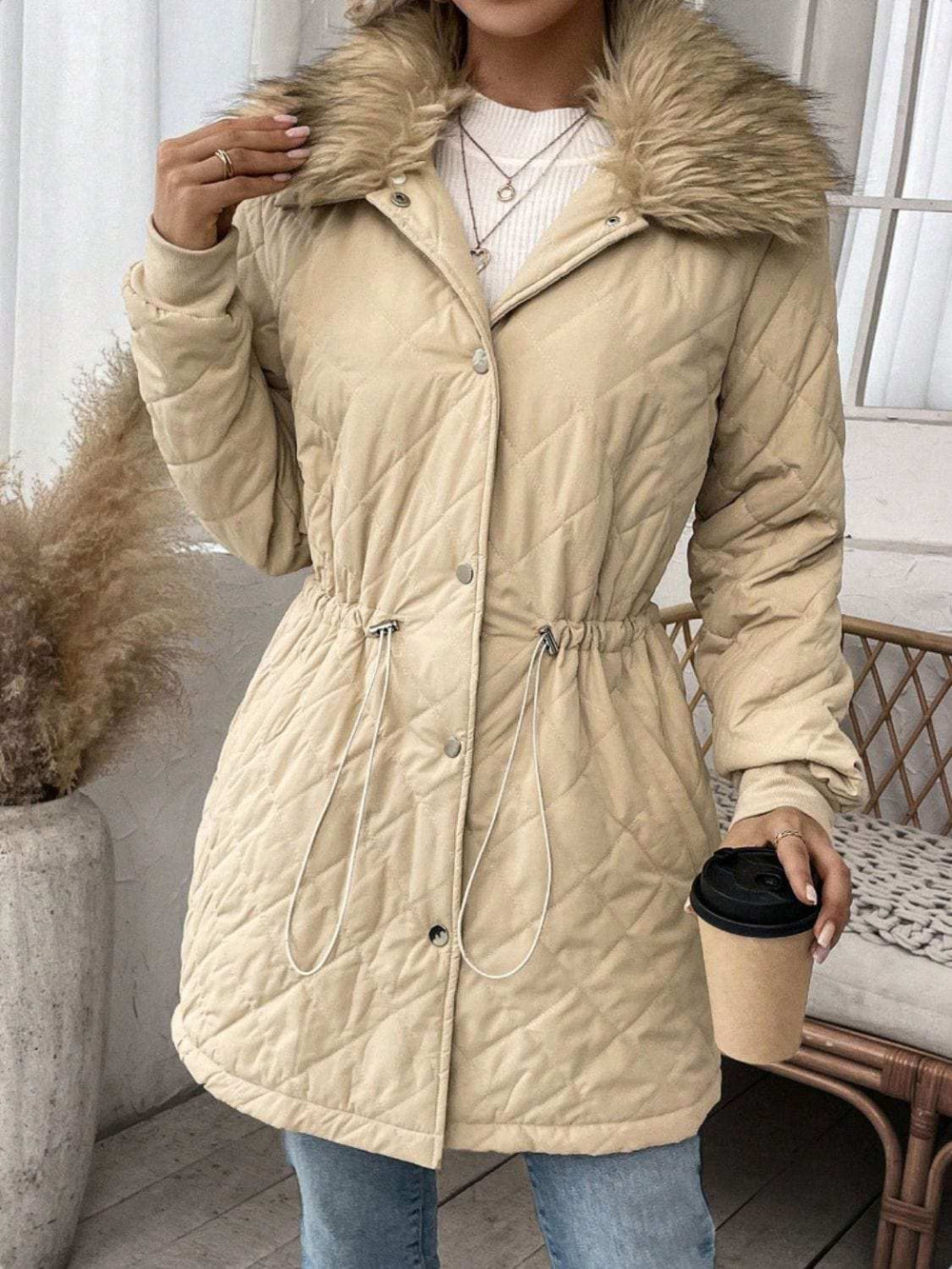 Drawstring Snap Down Long Sleeve Outerwear - Trendsi - Flyclothing LLC