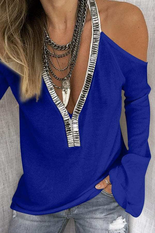 Sequin V-Neck Cold Shoulder Top - Trendsi - Flyclothing LLC