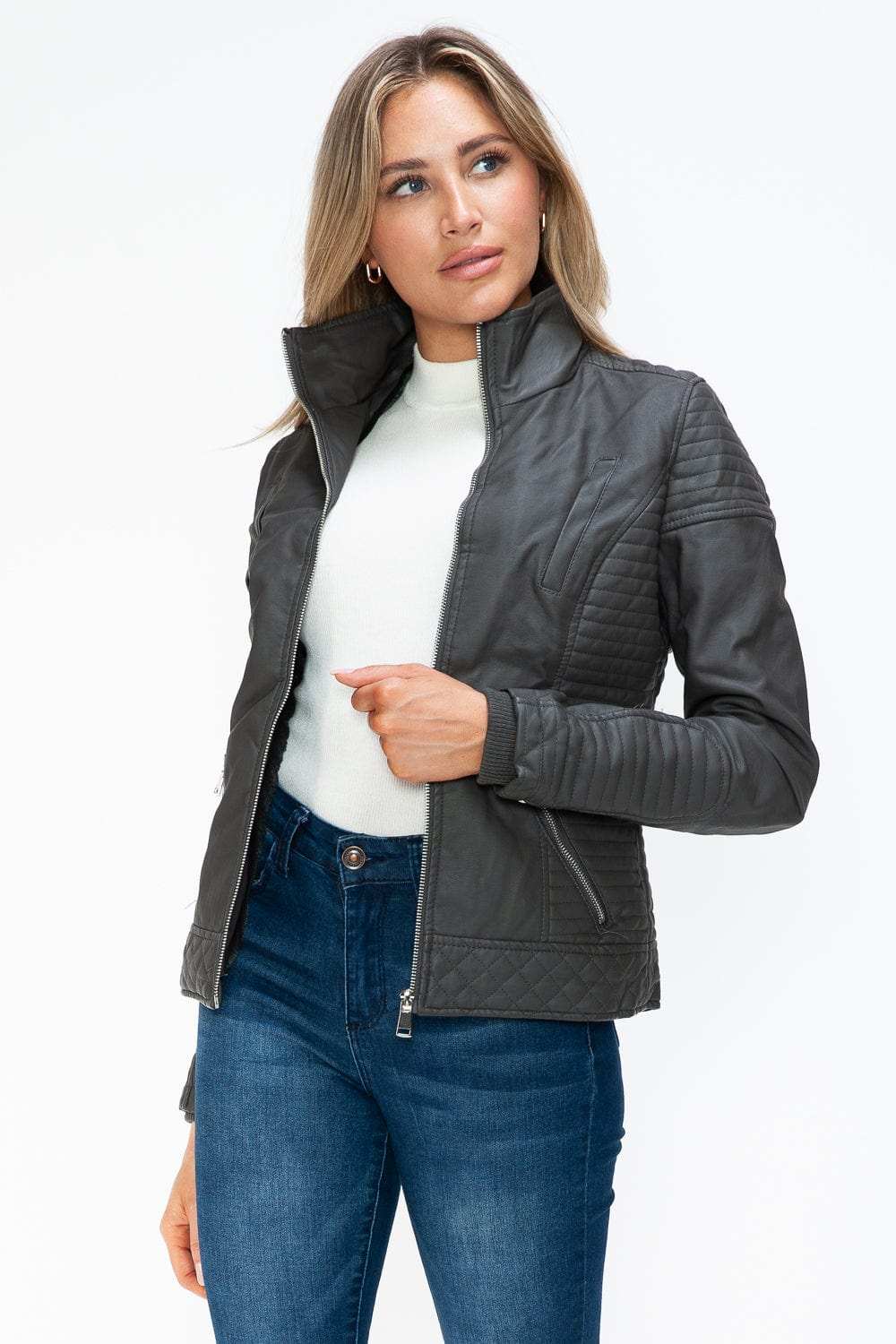 YMI Faux Layered Double-Zipper Jacket with Fuzzy Hood - Trendsi - Flyclothing LLC