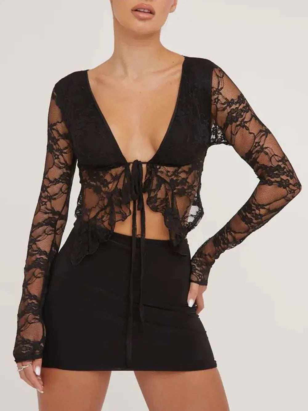 Tied Plunge Long Sleeve Lace Cropped Shirt - Trendsi - Flyclothing LLC