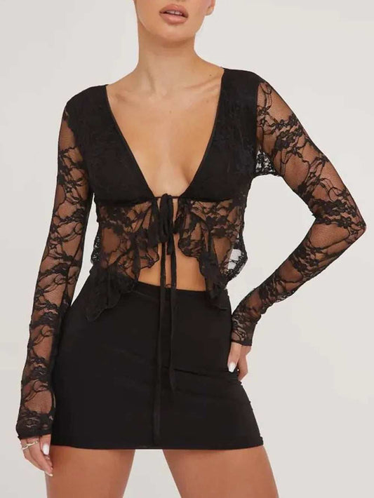 Tied Plunge Long Sleeve Lace Cropped Shirt - Trendsi - Flyclothing LLC