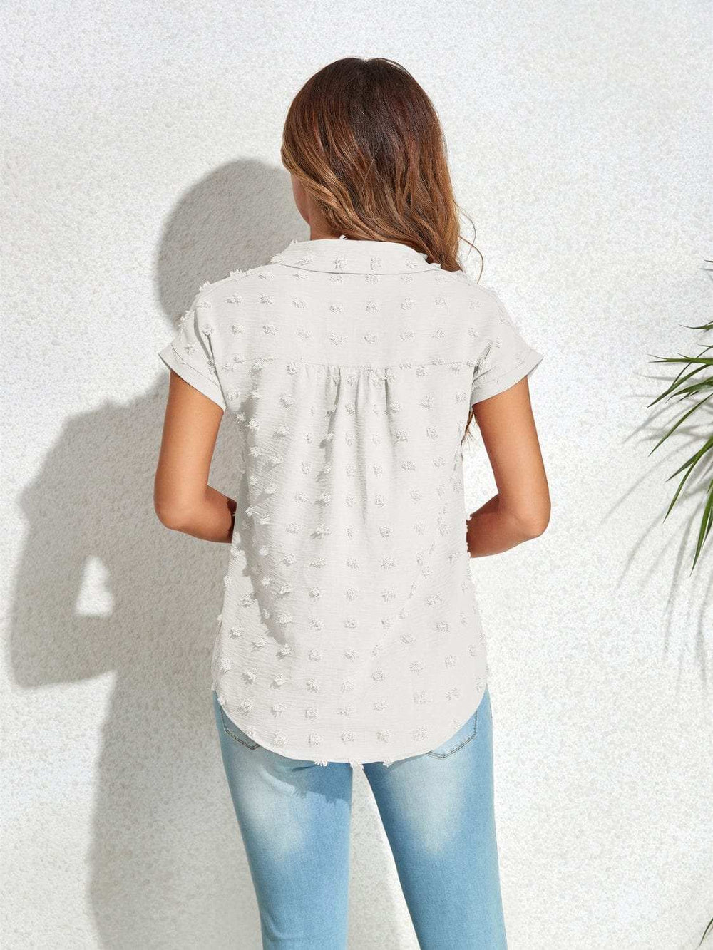 Swiss Dot Button Up Cap Sleeve Shirt - Trendsi - Flyclothing LLC