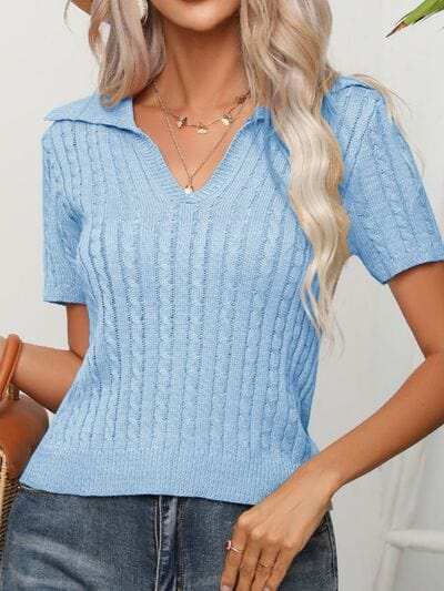 Cable Knit Short Sleeve Top - Trendsi - Flyclothing LLC