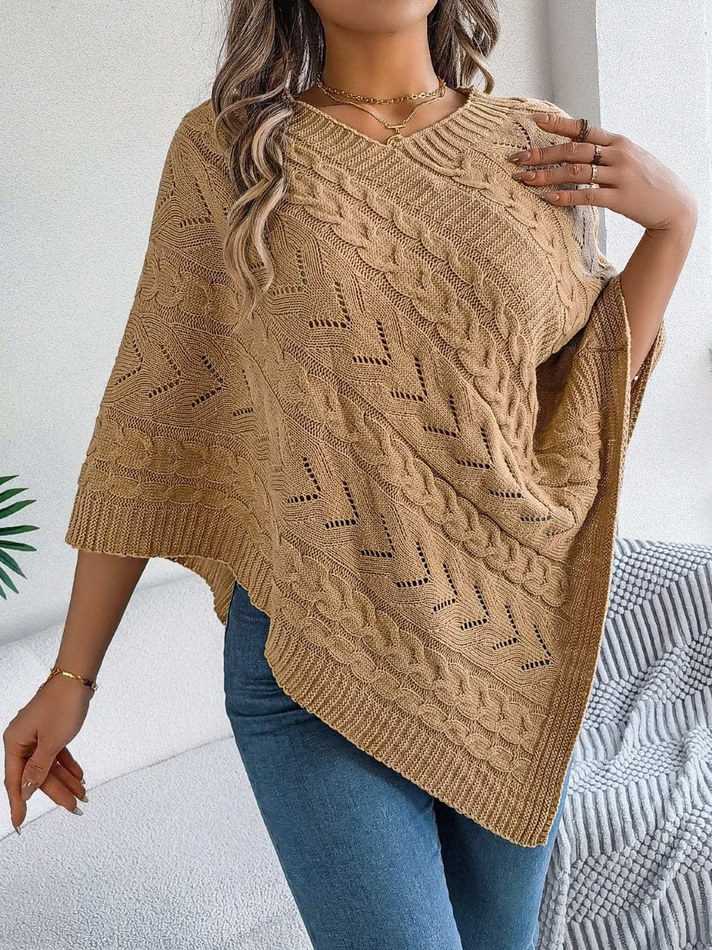 Cable-Knit Openwork Three-Quarter Sleeve Sweater - Trendsi - Flyclothing LLC