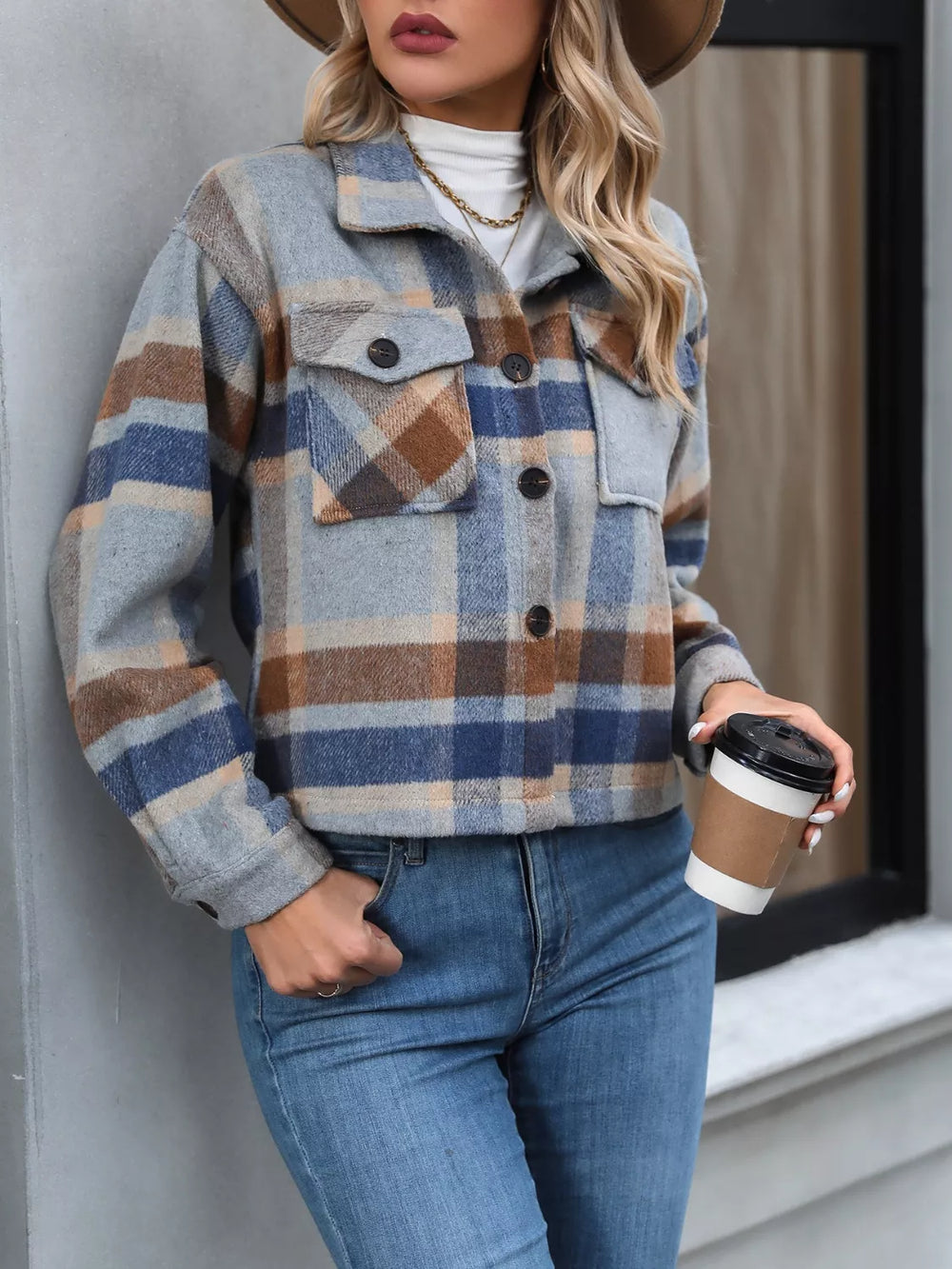 Plaid Button-Up Jacket - Trendsi - Flyclothing LLC