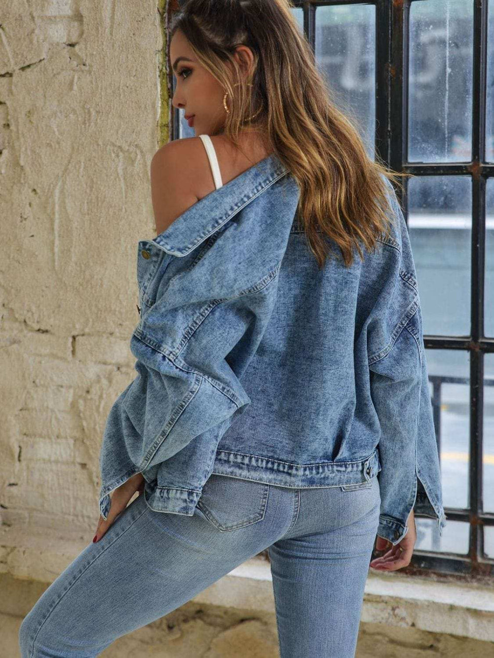 Button Down Drop Shoulder Denim Jacket - Trendsi - Flyclothing LLC