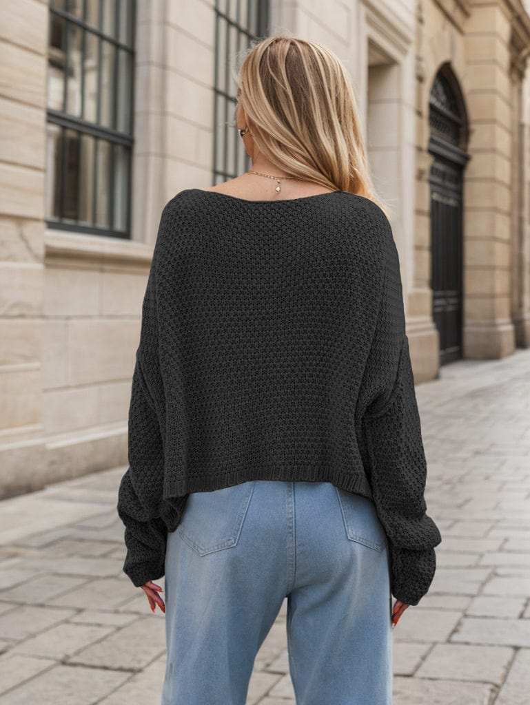Round Neck Dropped Shoulder Long Sleeve Sweater - Trendsi - Flyclothing LLC