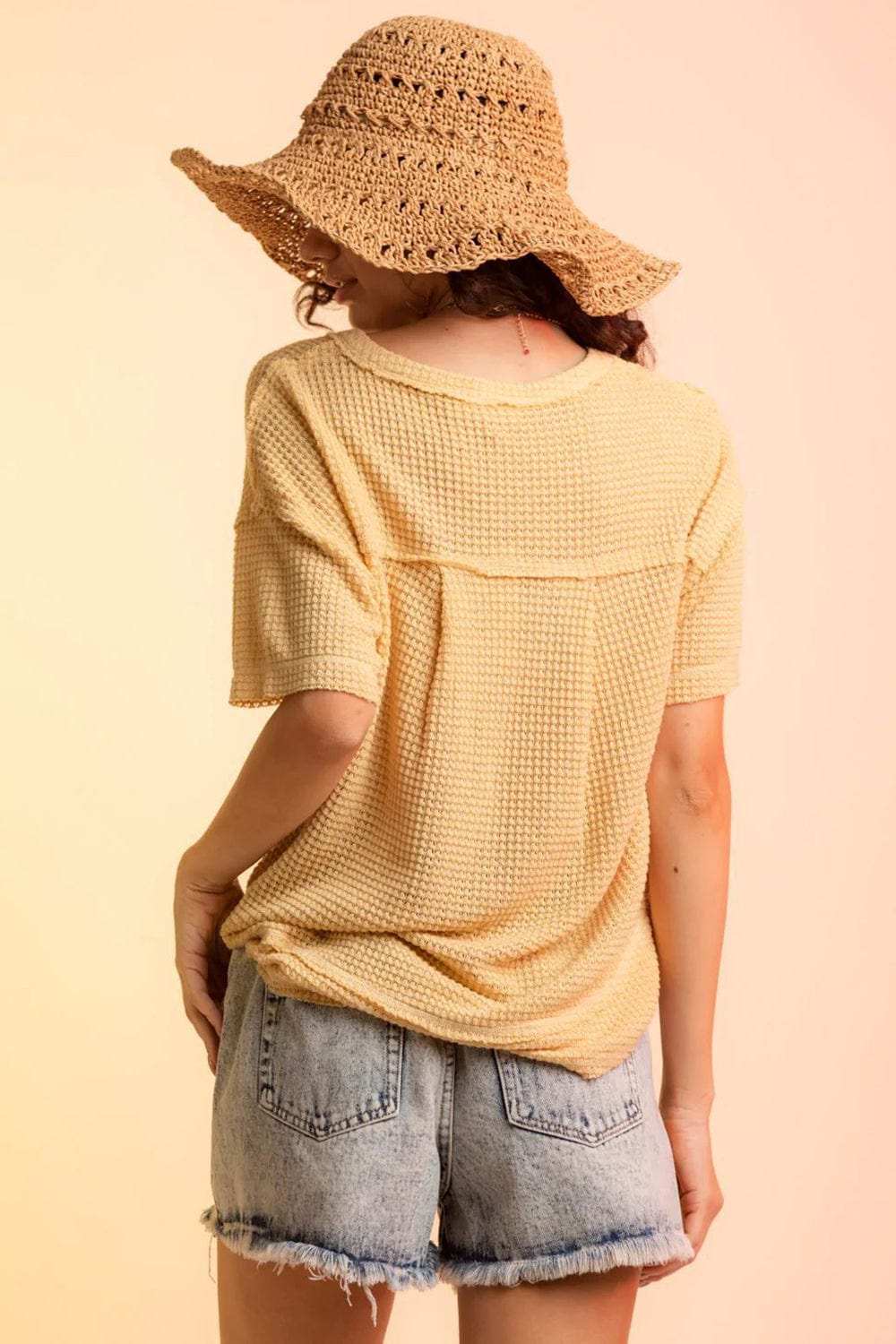 Waffle-Knit Notched Half Sleeve T-Shirt - Trendsi - Flyclothing LLC