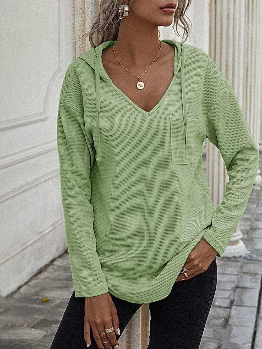 Drawstring Waffle Knit Long Sleeve Hooded Top - Trendsi - Flyclothing LLC