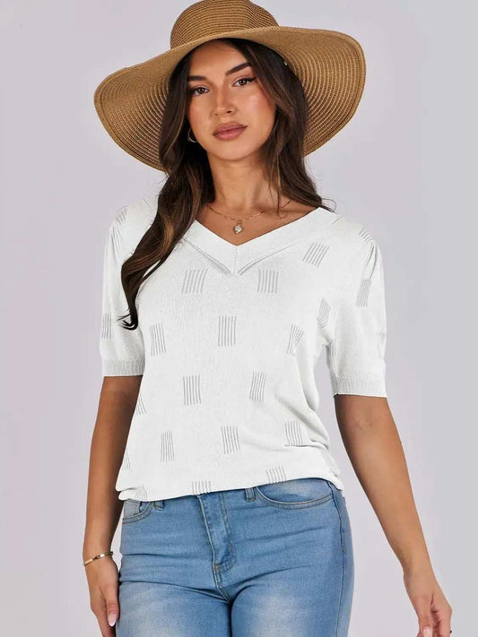 V-Neck Half Sleeve Knit Top - Trendsi - Flyclothing LLC