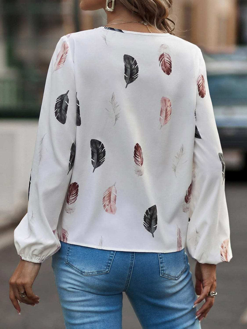 Feather Print Notched Balloon Sleeve Top - Trendsi - Flyclothing LLC