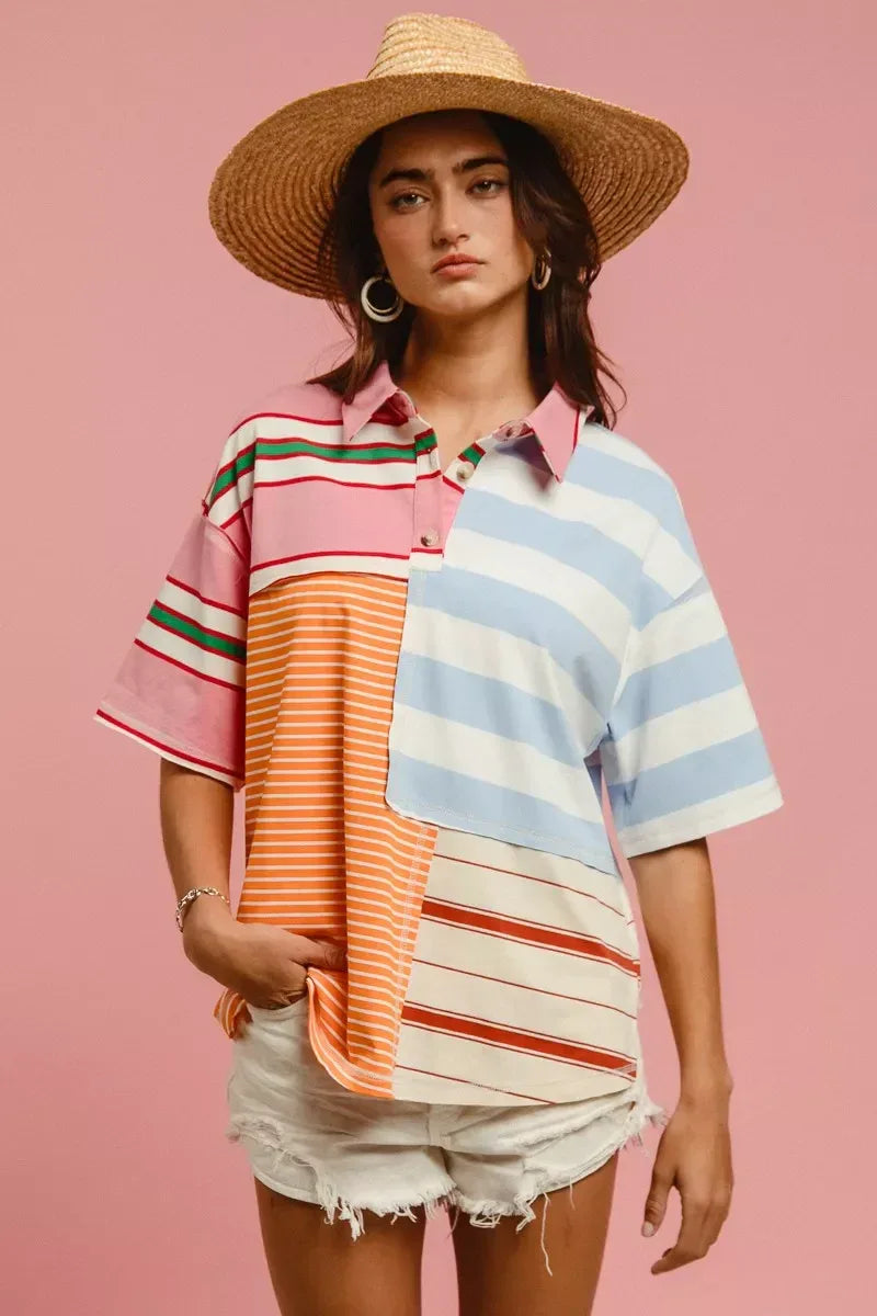 BiBi Mix And Match Stripe Color Block Shirt - Trendsi - Flyclothing LLC