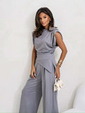 Slit Ruched Top and Wide Leg Pants Set - Trendsi - Flyclothing LLC