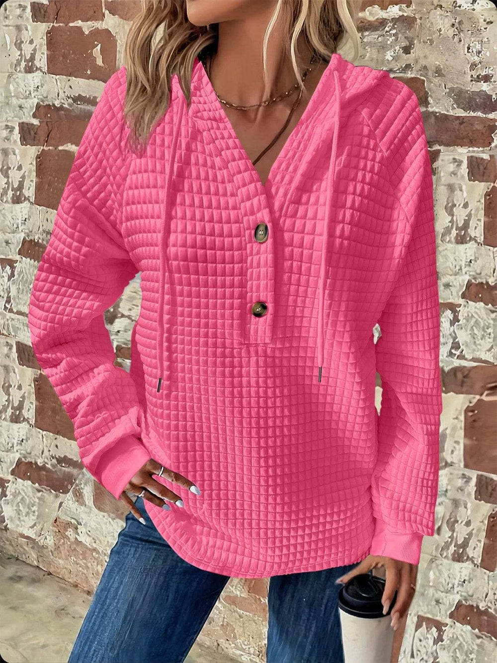 Full Size Texture Button Detail Drawstring Long Sleeve Hoodie - Trendsi - Flyclothing LLC