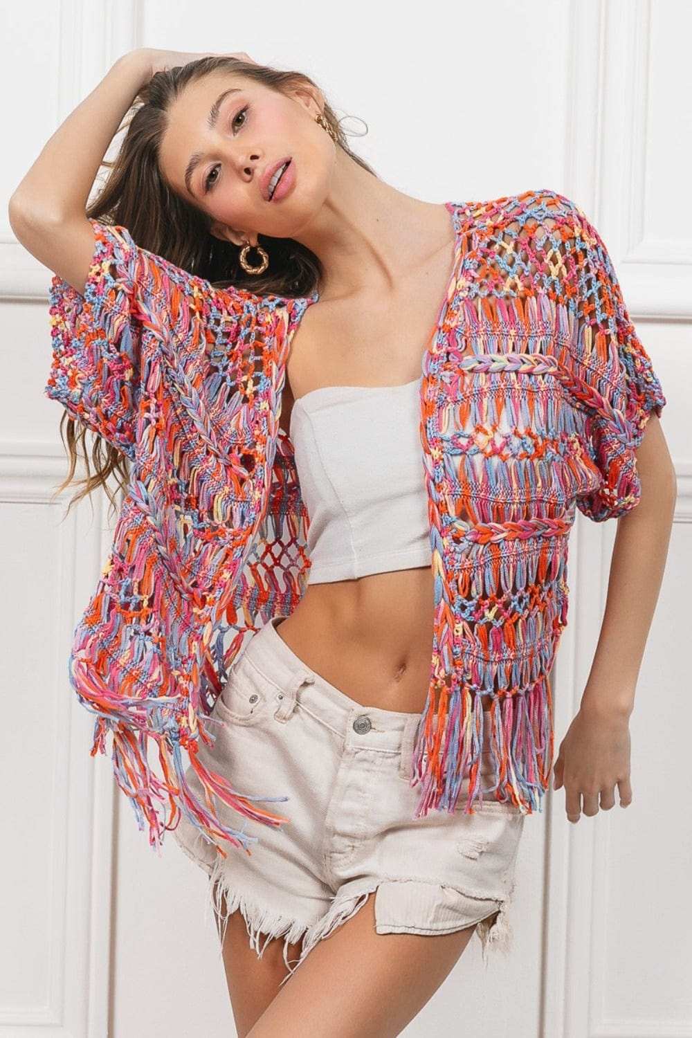 BiBi Open Front Fringed Crop Knit Cardigan - Trendsi - Flyclothing LLC