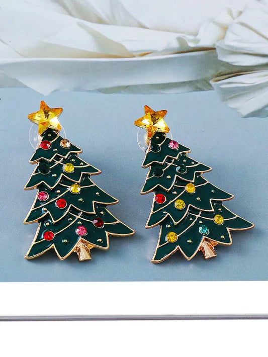 Alloy Inlaid Rhinestone Christmas Tree Earrings - Trendsi - Flyclothing LLC