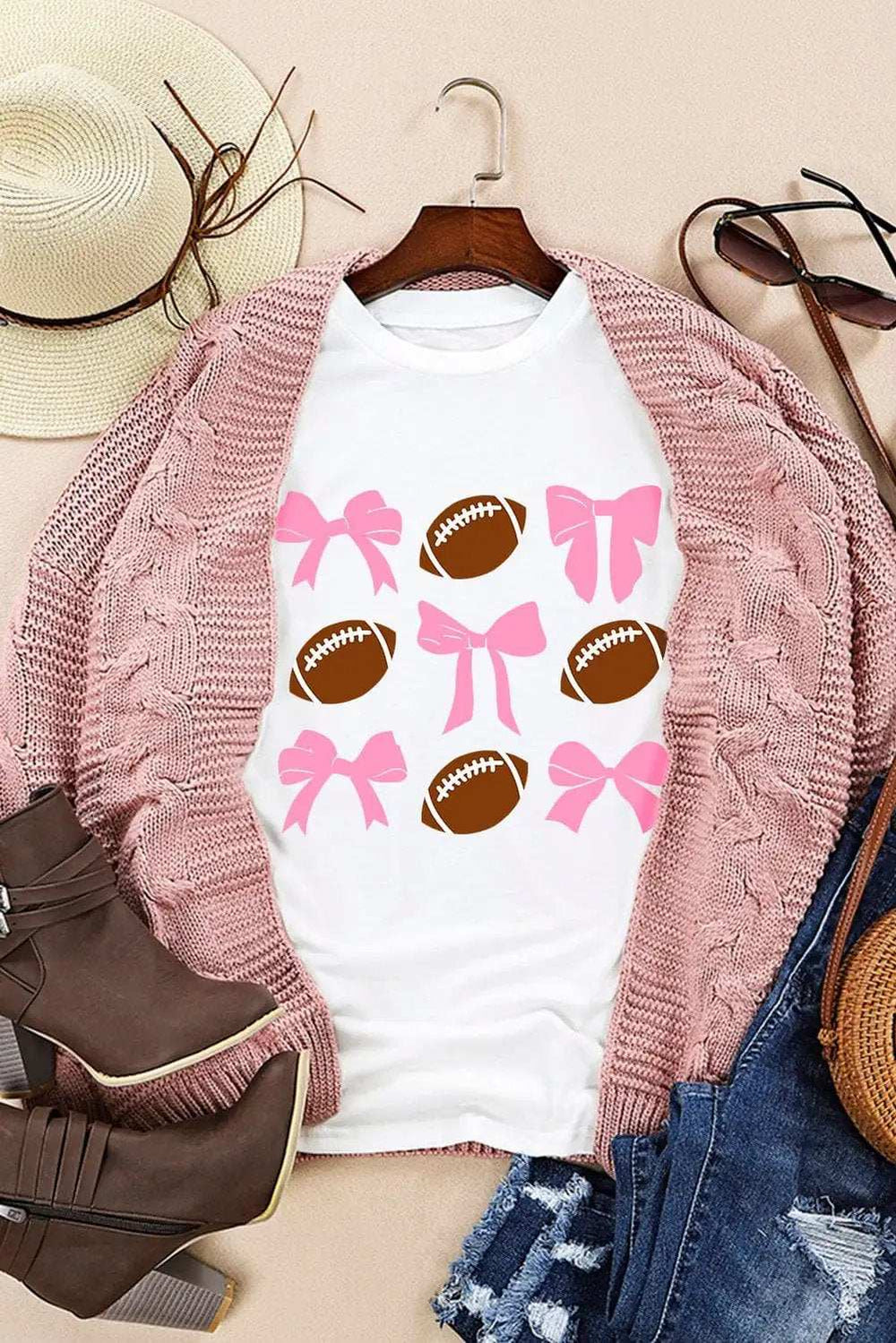 Football & Bow Round Neck Short Sleeve T-Shirt - Trendsi - Flyclothing LLC