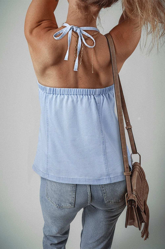 Backless Halter Neck Denim Top - Trendsi - Flyclothing LLC