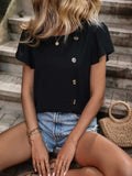 Decorative Button Round Neck Short Sleeve Blouse - Trendsi - Flyclothing LLC