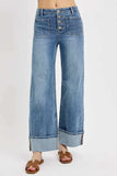 RISEN High Rise Ankle Wide Button Patch Pocket Cuffed Jeans - Trendsi - Flyclothing LLC