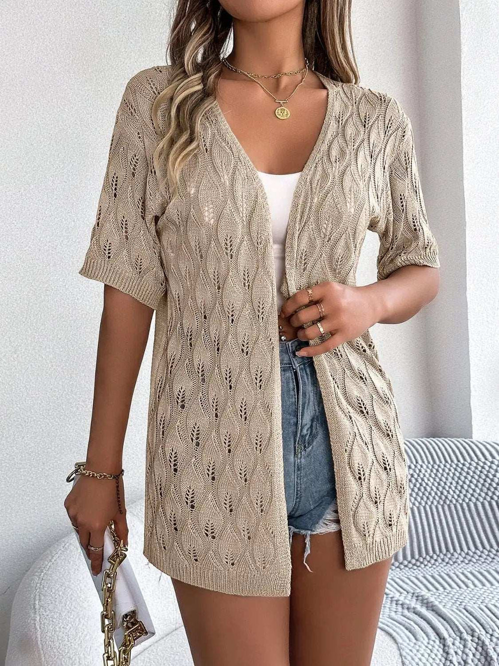 Openwork Open Front Short Sleeve Cardigan - Trendsi - Flyclothing LLC