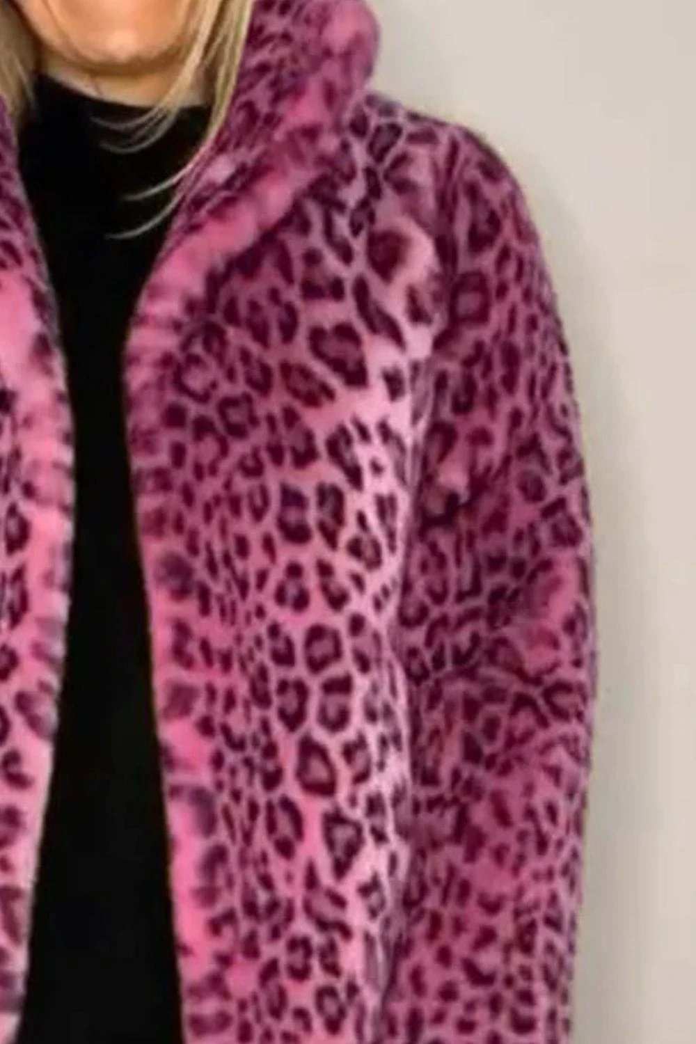 Full Size Leopard Furry Collared Neck Long Sleeve Coat - Trendsi - Flyclothing LLC