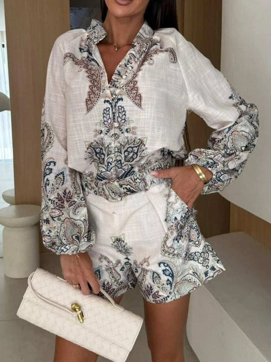 Printed Long Sleeve Shirt and Shorts Set - Trendsi - Flyclothing LLC