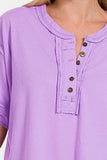 Zenana Exposed Seam Half Button Short Sleeve Top - Trendsi - Flyclothing LLC