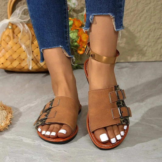 Leopard Open Toe Flat Sandals - Trendsi - Flyclothing LLC