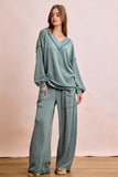 BiBi Two Tone Cord Rib Contrast Stitching V-Neck Top and Pants Set - Trendsi - Flyclothing LLC