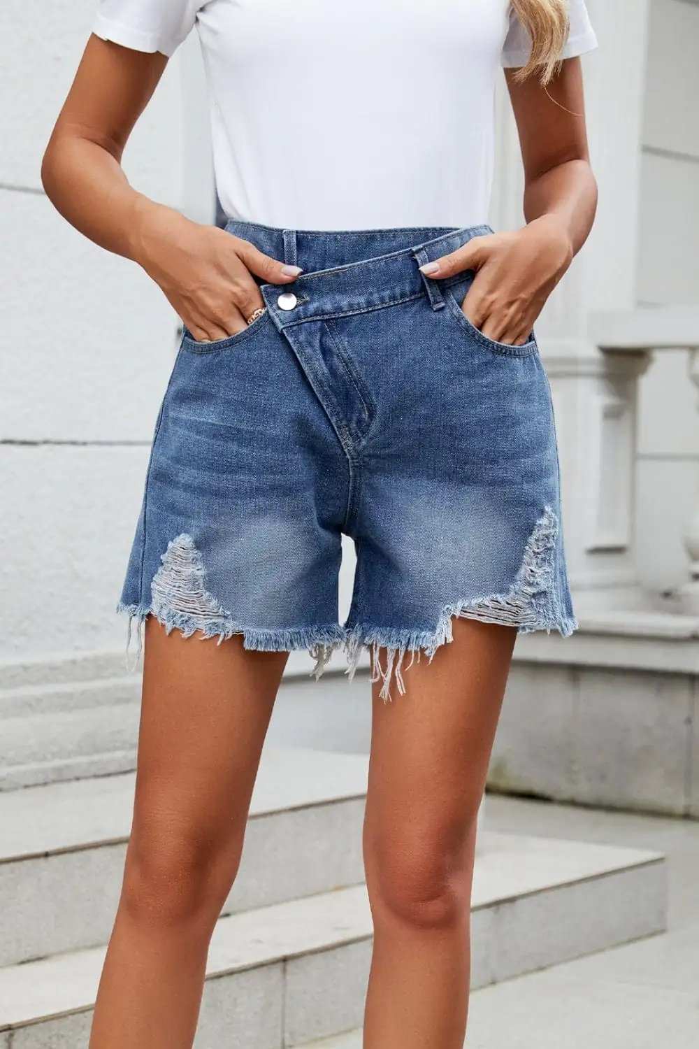Distressed Raw Hem Asymmetric Waist Denim Shorts - Trendsi - Flyclothing LLC