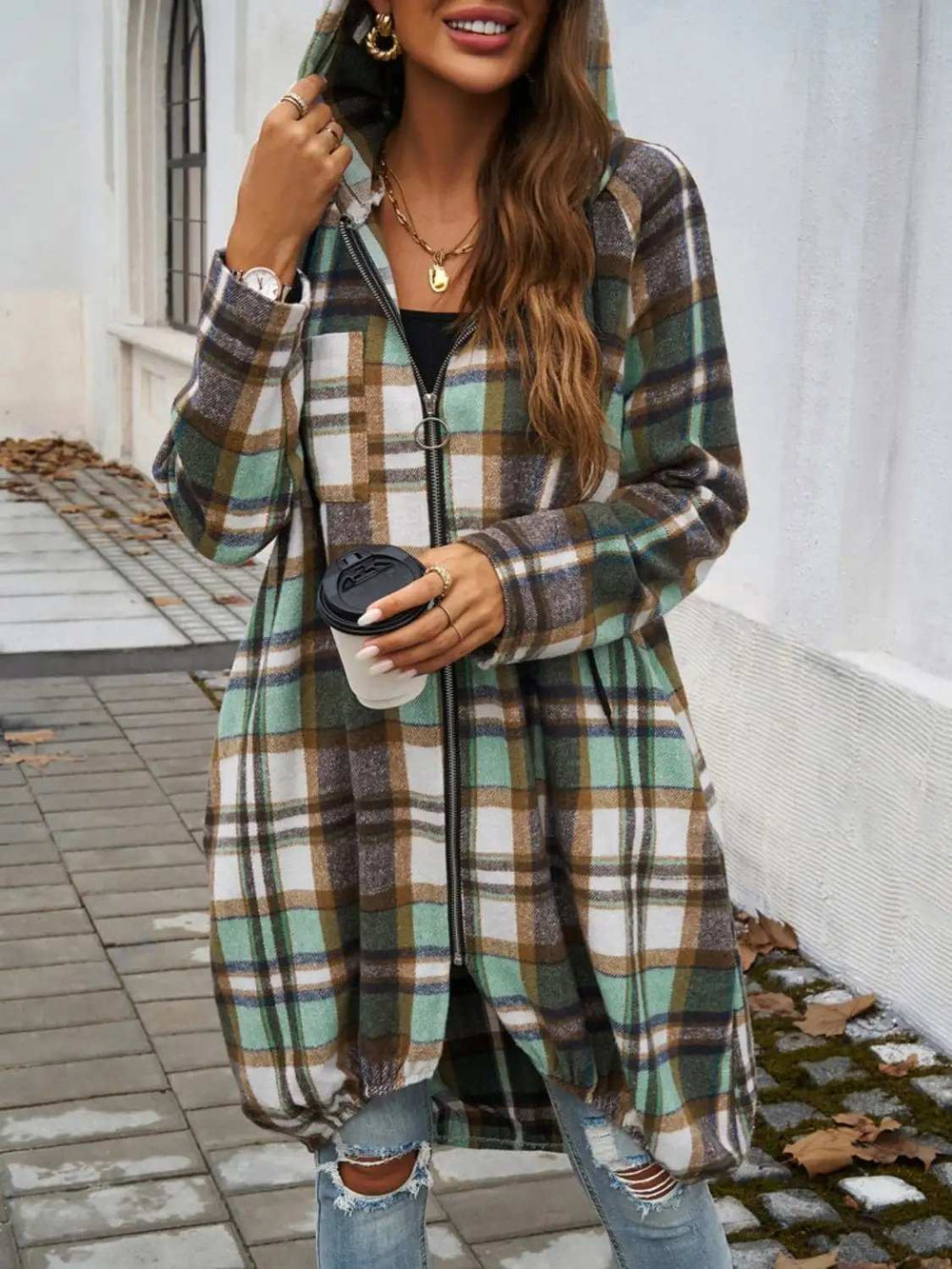 Plaid Zip Up Hooded Coat - Trendsi - Flyclothing LLC