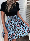 Tied Front Contrast Leopard Short Sleeve Mini Dress - Trendsi - Flyclothing LLC