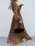 Slit Plaid Tie Neck Long Sleeve Maxi Dress - Trendsi - Flyclothing LLC