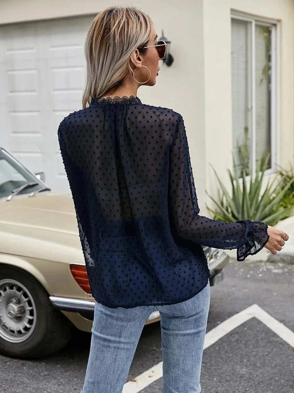 Lace Detail V-Neck Swiss Dot Blouse - Trendsi - Flyclothing LLC