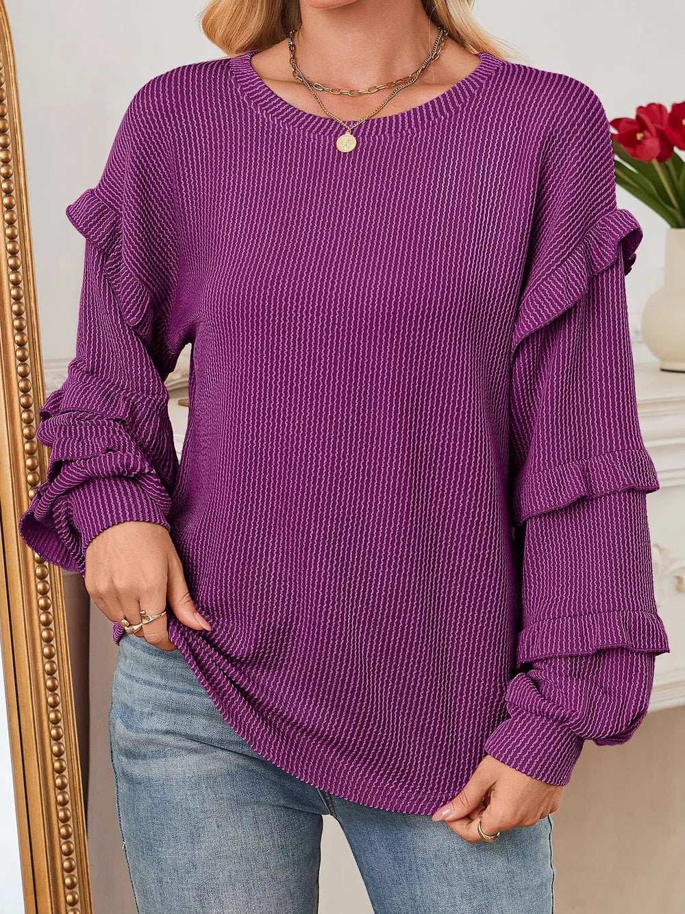 Round Neck Ruffled Long Sleeve Sweatshirt - Trendsi - Flyclothing LLC
