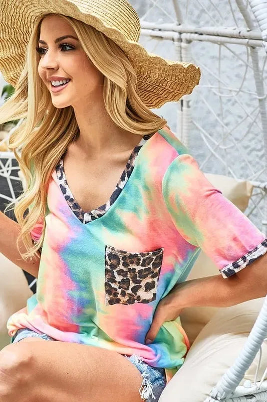 BiBi Tie Dye Print V Neck Top With Front Patch Pocket - Trendsi - Flyclothing LLC