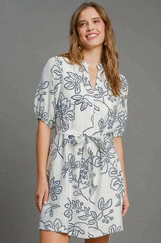 Umgee Full Size Floral Print Notched Puff Sleeve Mini Dress Plus Size - Trendsi - Flyclothing LLC