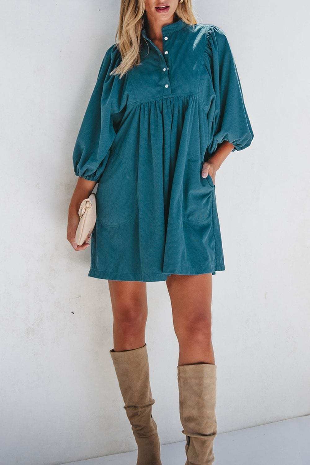 Corduroy Quarter Snap Three-Quarter Sleeve Dress - Trendsi - Flyclothing LLC